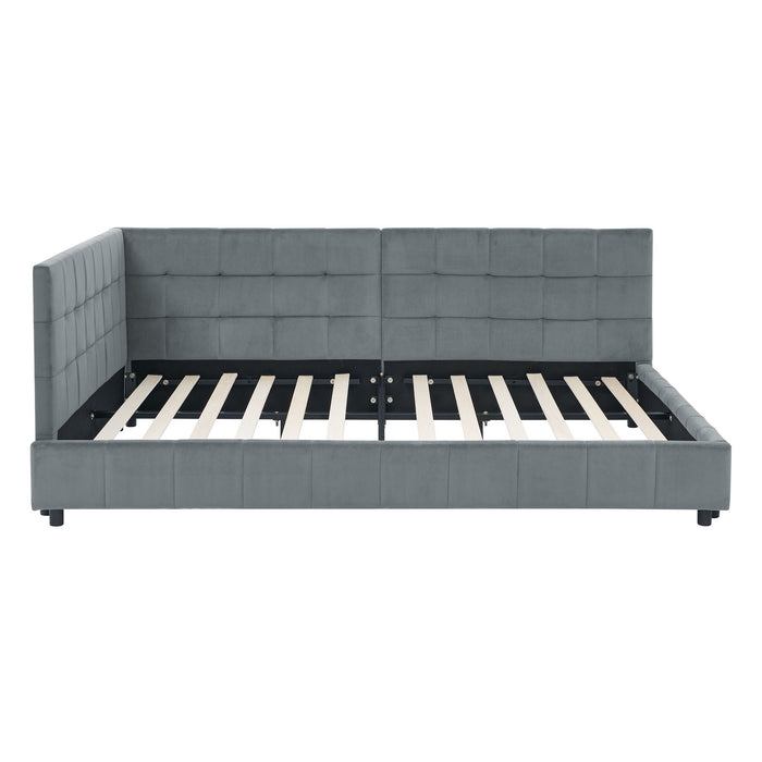 Mid-Century Storage Upholstered Tufted Bed Frame With Backrest And Armrests