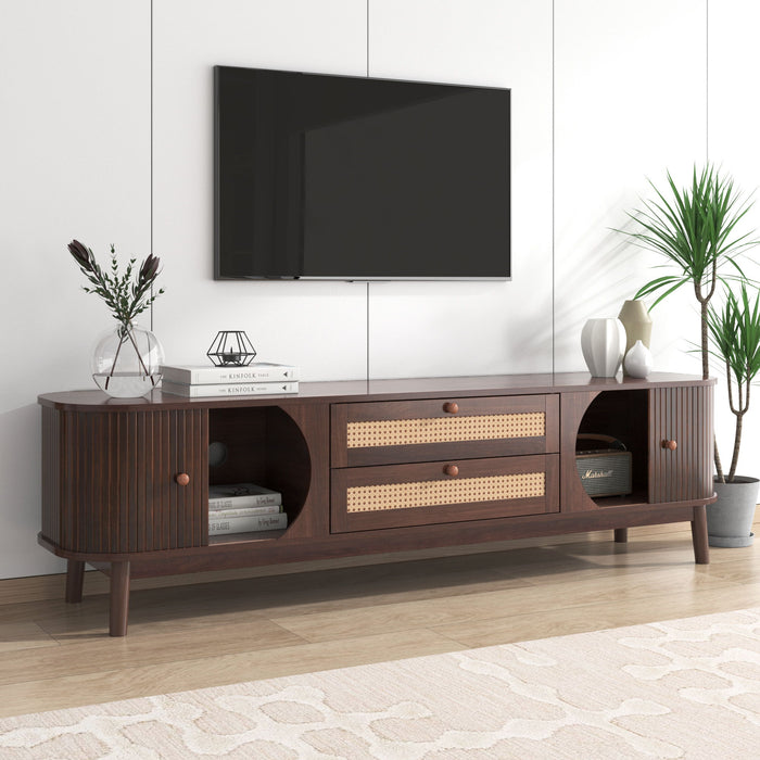 TV Stand For TVs Up To 75'', Cabinet With Drawers And Sliding Doors, Living Room Entertainment Console - Natural Wood / Brown
