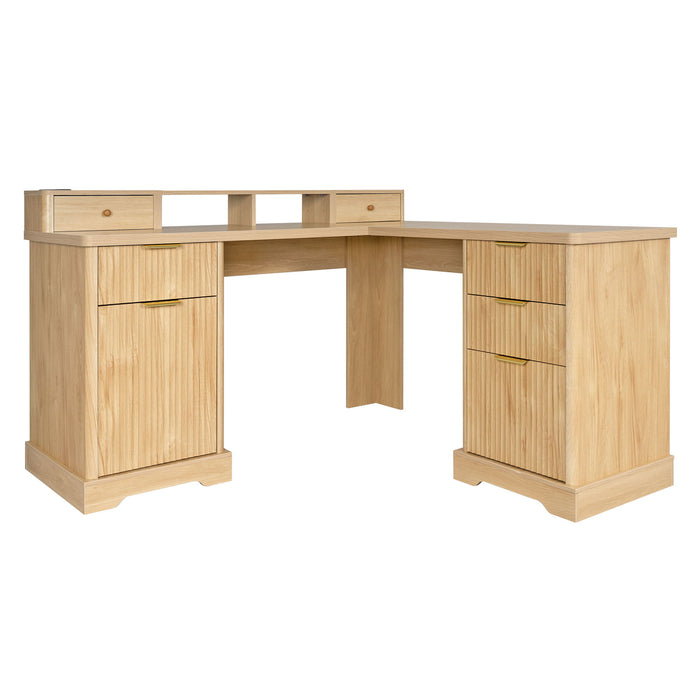 Fluted L-Shaped Desk With Charging Station & Storage Cabinet
