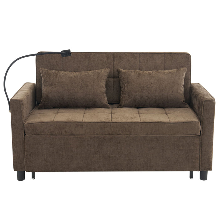 Pull-Out Sleeper Sofa With Reversible Backrest Cushion, Side Pockets, 2 USB Ports And A Phone Holder For Living Room
