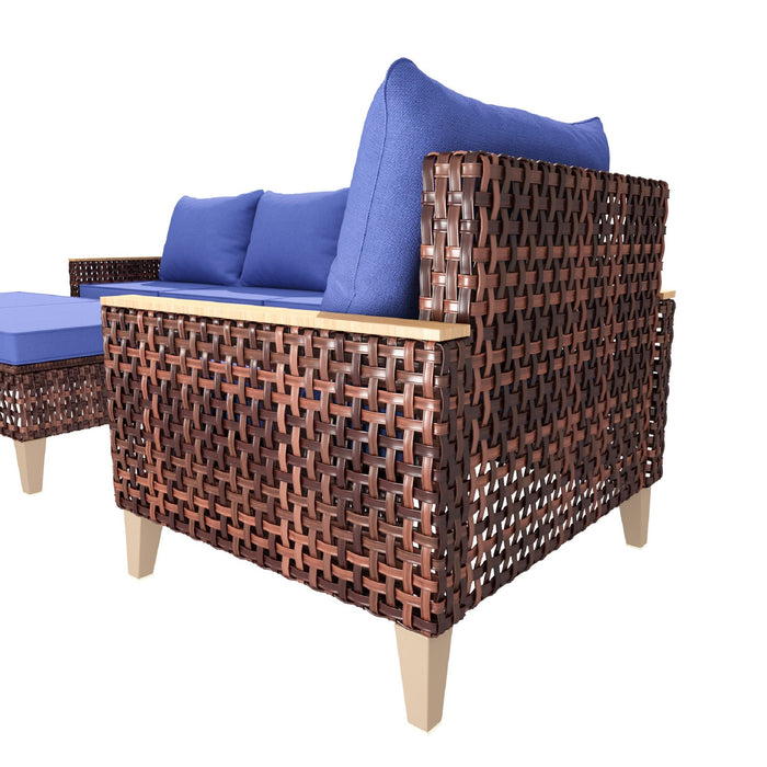 7 Pieces Patio, Wicker Dining Set With Removable Cushions Cotton And Rattan - Blue