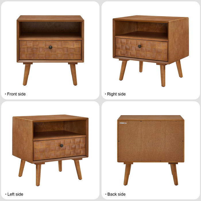 Nightstand With Carved Geometric Drawer Front, 1 Drawer And Open Shelf