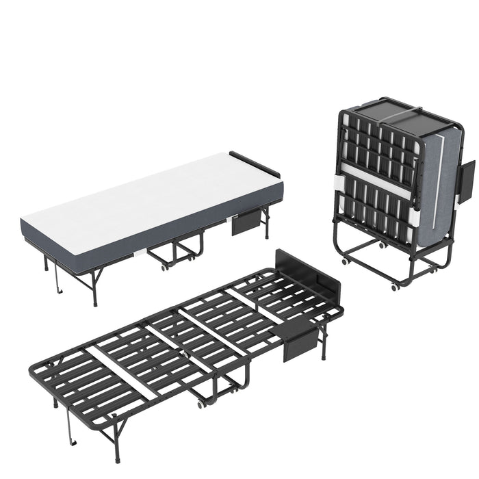 Twin Folding Bed With Adjustable Headboard & Memory Foam, Space Saving Rollaway Guest For Tall People, Portable On Wheels, Easy Assembly - Black