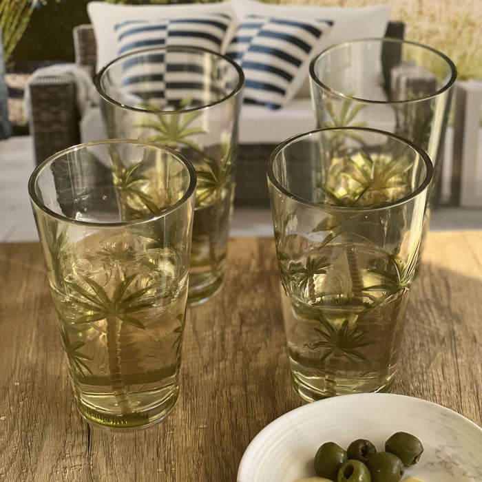 Palm Tree Design Acrylic Hi Ball Glasses Plastic, Bpa Free (Set of 4), 20Oz - Clear