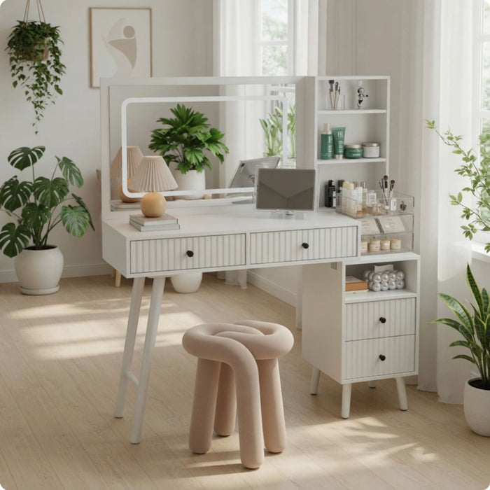 Fluted Vanity Desk With Lighted Mirror & Outlet 4 Drawer, Makeup Table - White