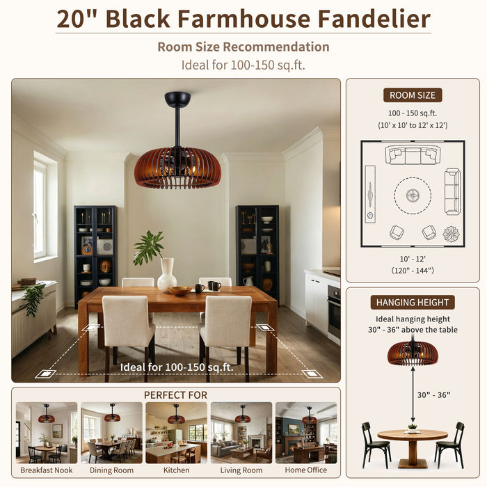 Pumpkin Ceiling Fan, Fandelier With 6 E12 Sockets, Reversible DC Motor, Adjustable Hanging, 6 Speeds Remote Control - Black