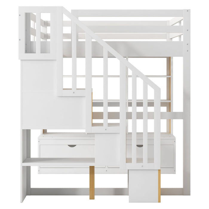 Full Size Loft Bed With Desk And Shelves, 2 Built In Drawers, Storage Staircase - Natural / White