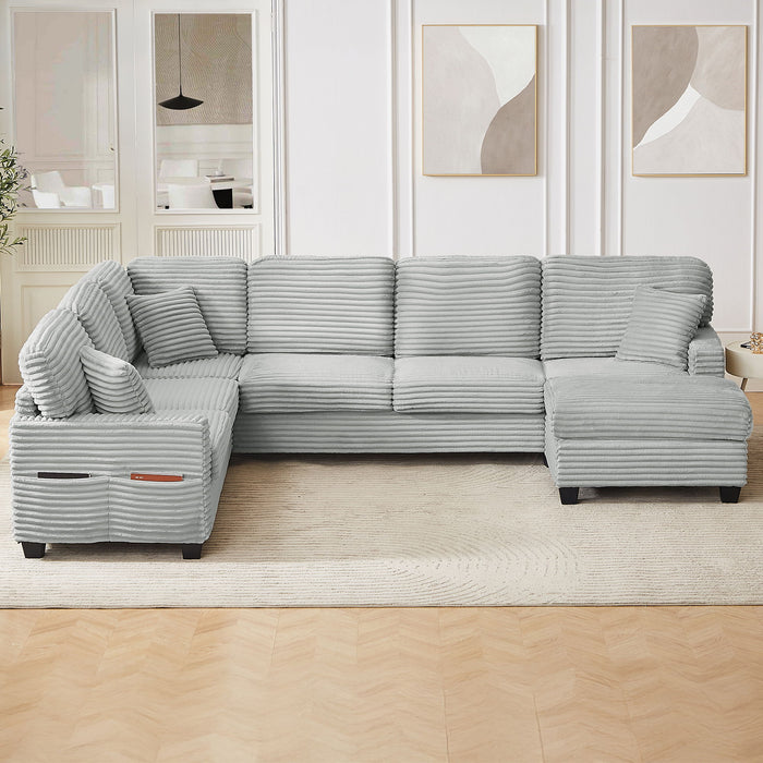 Upholstered U-Shaped Sectional Sofa With Movable Ottoman And Side Storage Pockets
