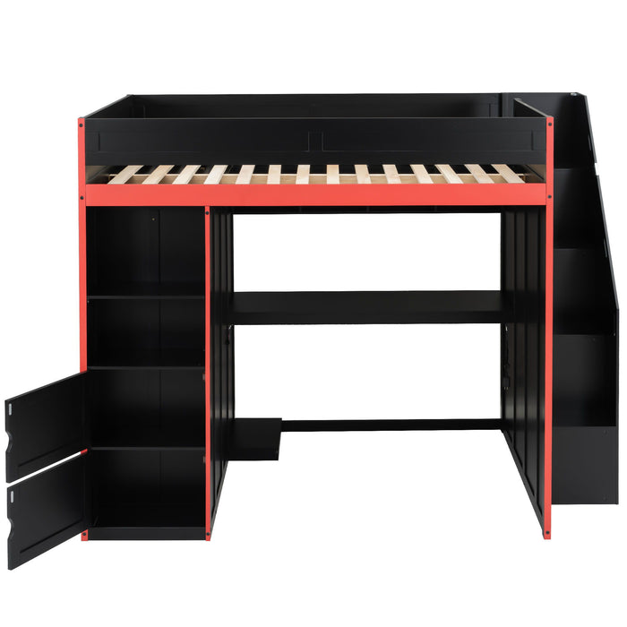 Gaming Loft Bed With Desk And Storage, LED Lights