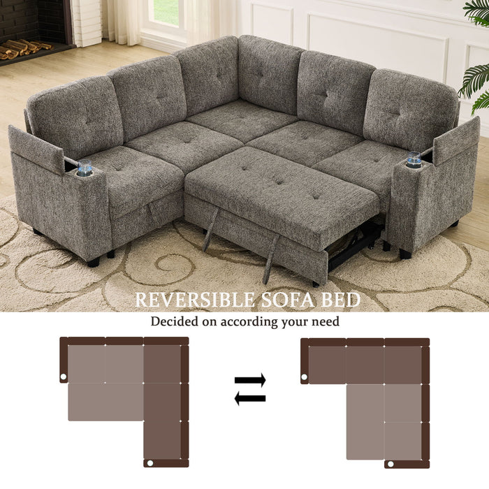 5 Seat Reversible L - Shaped Sleeper Sofa, Pull Out Convertible Sectional Couch With Storage, USB C - Charger, Cup Holders Modular Sofa Bed - Gray