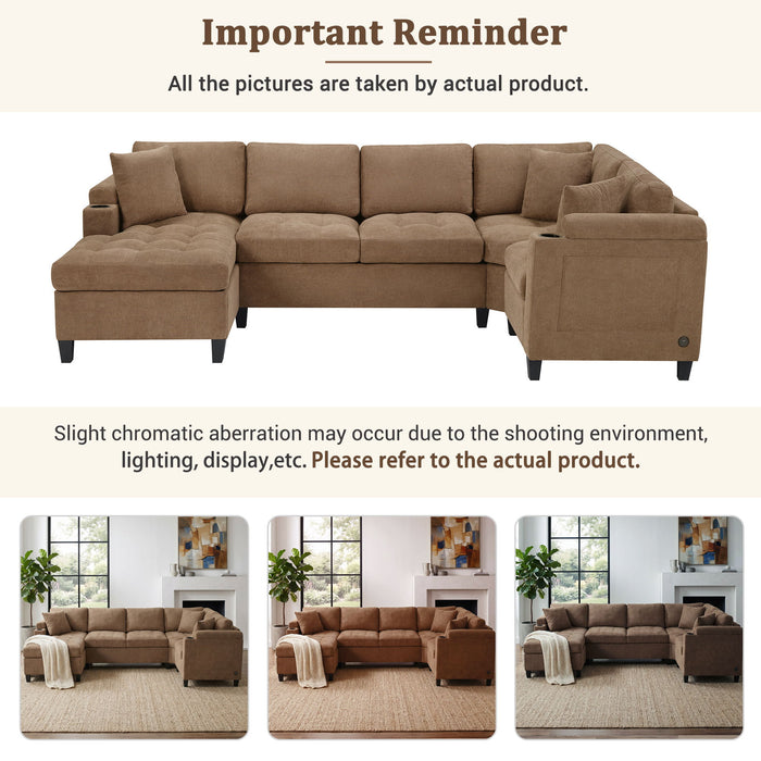 U Shaped Sectional Sofa, Corner Living Room Couch With Built In Cup Holders, Storage, USB Ports