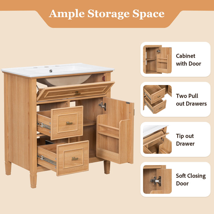 Bathroom Vanity With Sink, Flip Drawer & Adjustable Shelf - Natural