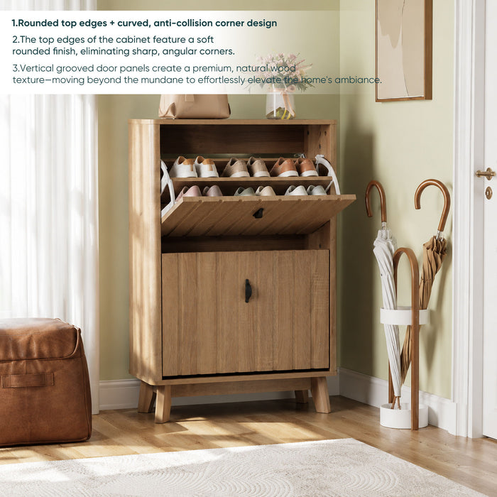 Entryway Shoe Cabinet With Flip Down Storage, Ultra Thin Freestanding Design For Home Use - Oak