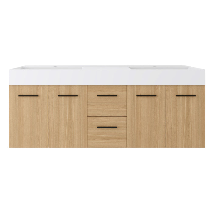 Floating Double Sink Bathroom Vanity With Drawers And Doors, Extra Large Storage, Integrated Sink, Soft Close Hardware - Glossy White / Light Oak