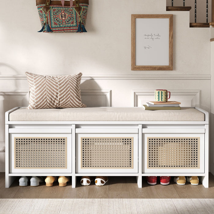 Entryway Shoe Bench With Drawers & Button Tufted Cushion