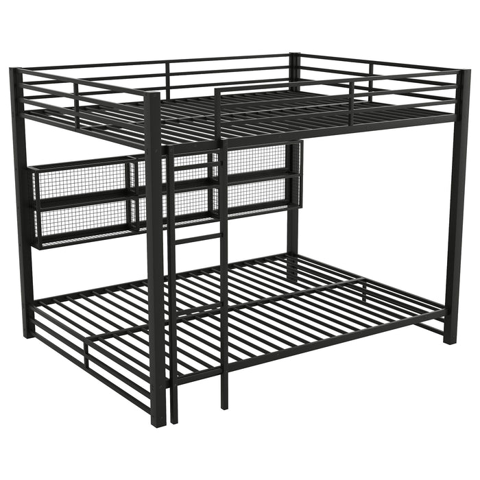 Queen Over Queen Bunk Bed With Storage Cabinets And LED Sturdy Frame, 6 Storage Units, Adjustable LED Lights - Black
