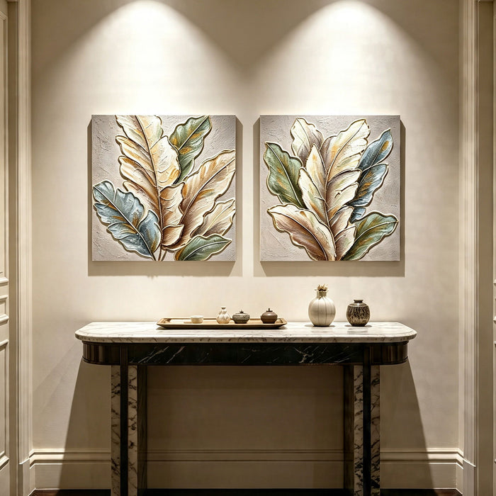 Botanical Leaf Wall Art, Textured Canvas Painting With Accents, Framed Decor For Living Room (Set of 2) - Green Leaf