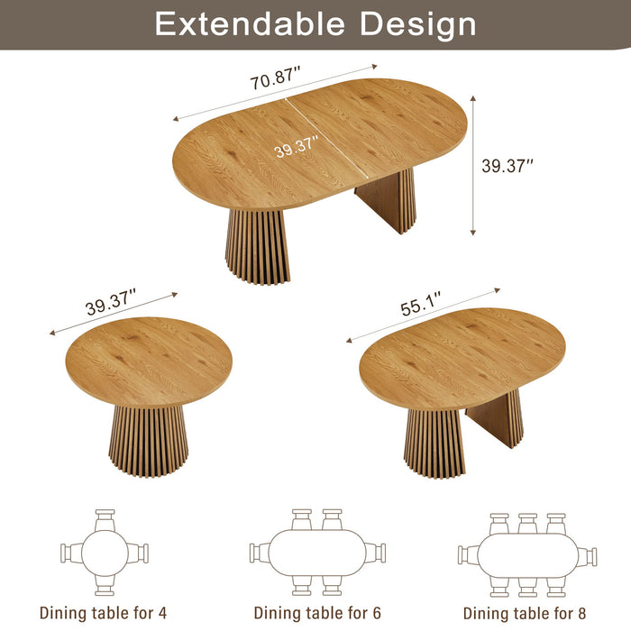 Dining Table, Flexible Extendable Oval Design With Slatted Legs - Natural Wood