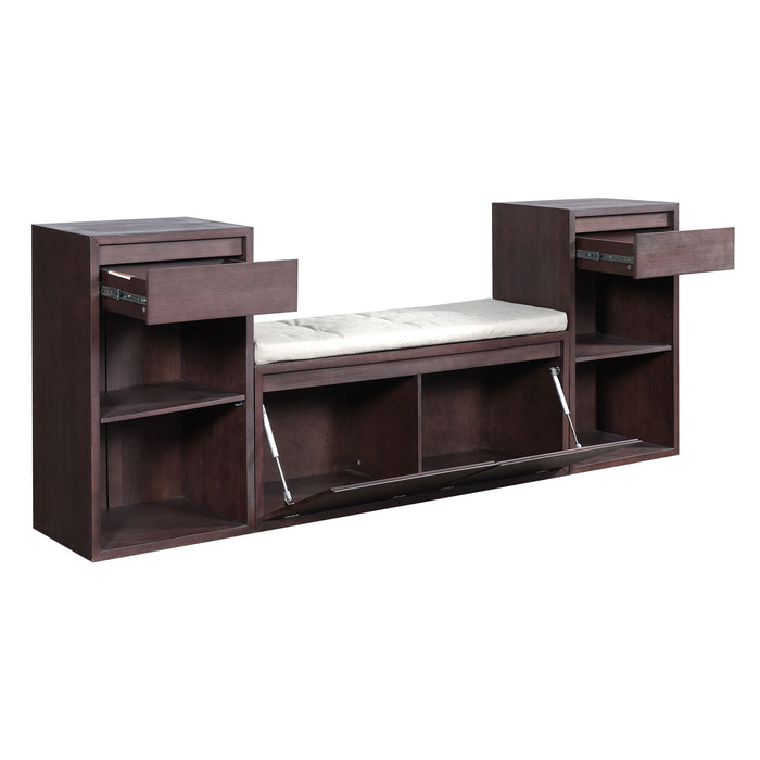 Entryway Storage Bench With Cushion, Drawers & Open Shelves