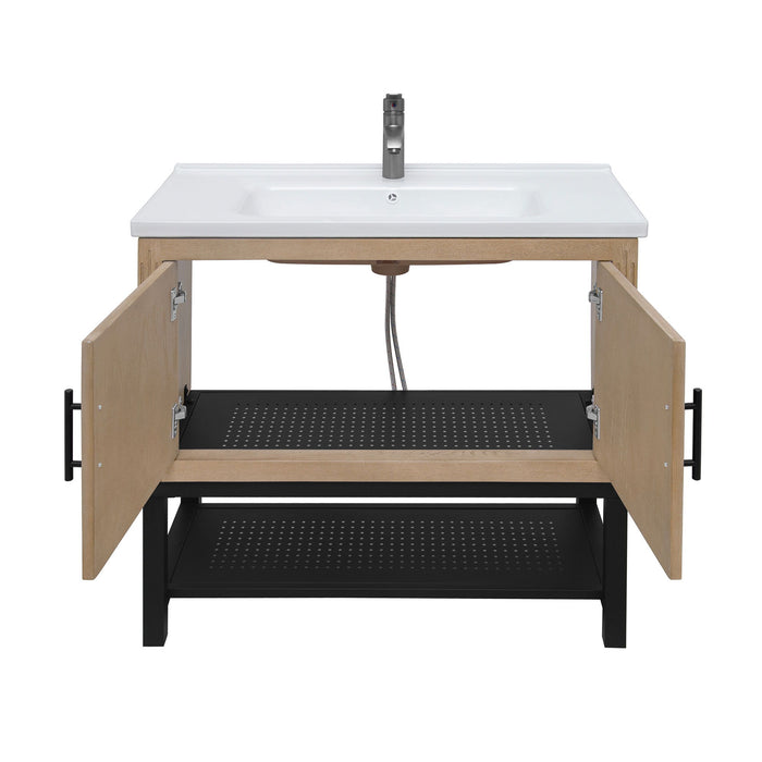 Modern Freestanding Bathroom Vanity With Ceramic Sink, Hot And Cold Faucet, Storage Cabinet & Open Shelf