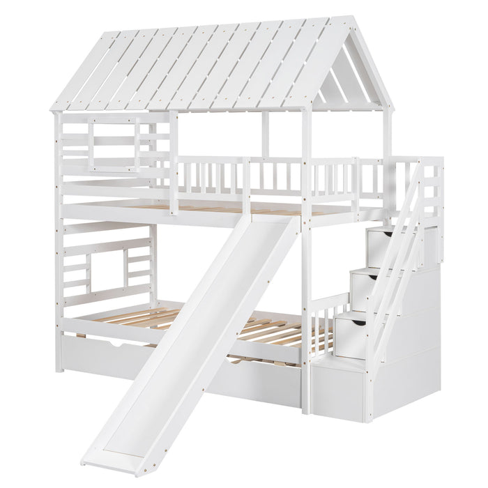 House Bunk Bed With Trundle, Storage Staircase, Roof And Window Design