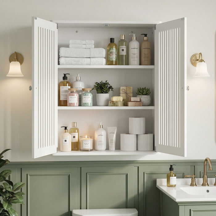 Louvered Double Door Wall Mounted Bathroom Cabinet - White