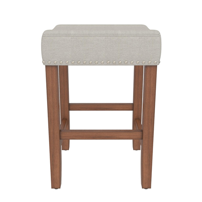 Upholstered Counter Height Bar Stool With Brass Nailhead Trim - Beige / Brown