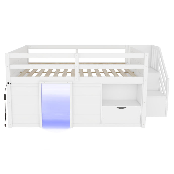 Low Loft Bed Frame With Built In Stairs, Storage Drawer, Shelf And 7 Color LED Light