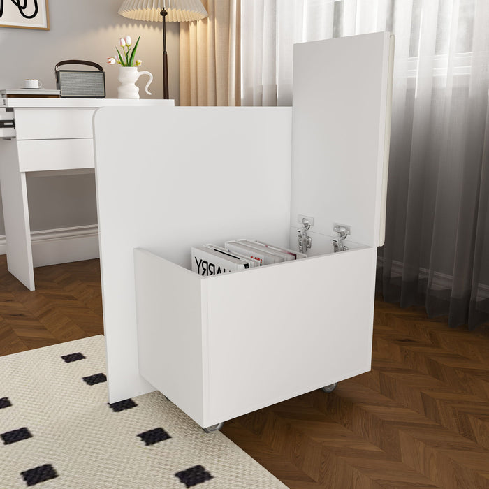 Folding Desk With Mirror And Storage Stool For Bedroom Or Apartment - White