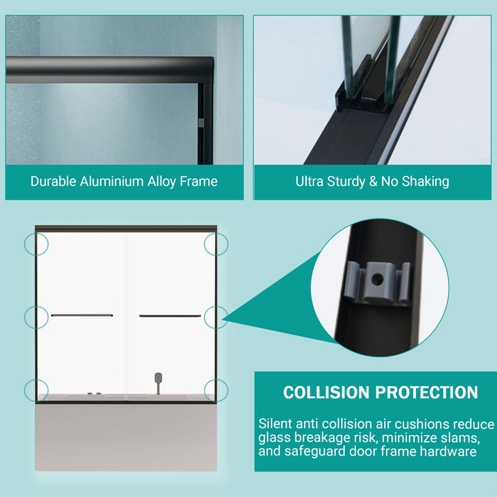 Double Sliding Bathtub Shower Door, Semi Frameless Bypass, 1 / 4" (6Mm) With Explosion - Proof Film, Adjustable Aluminum Alloy Frame