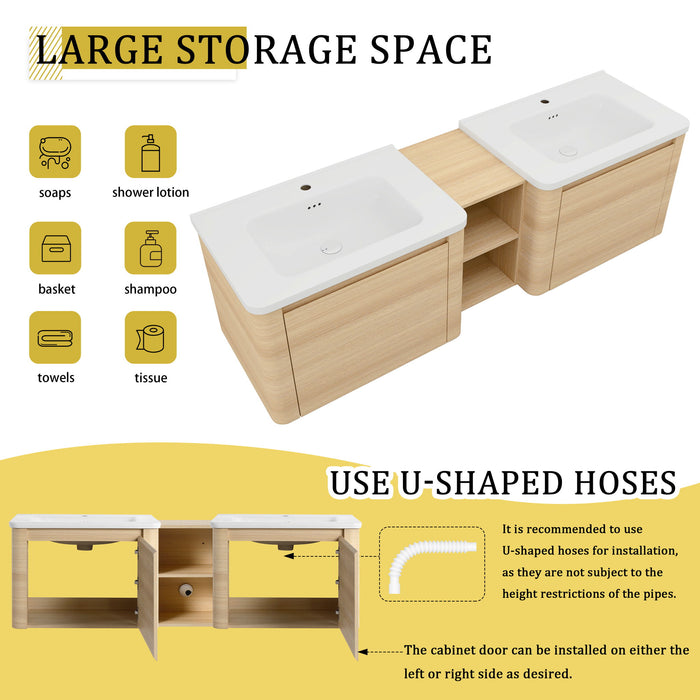 Wall Mounted Bathroom Vanity With Sink And Storage Shelves, Soft Close Doors