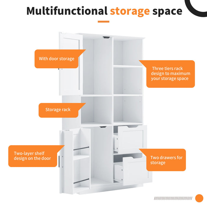 Freestanding Bathroom Storage Cabinet With Doors And Drawers, Adjustable Shelf, Open Shelves - White