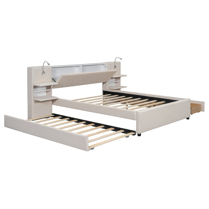 Upholstered Platform Bed With Reading Lights, Drawers, Trundle And Shelves