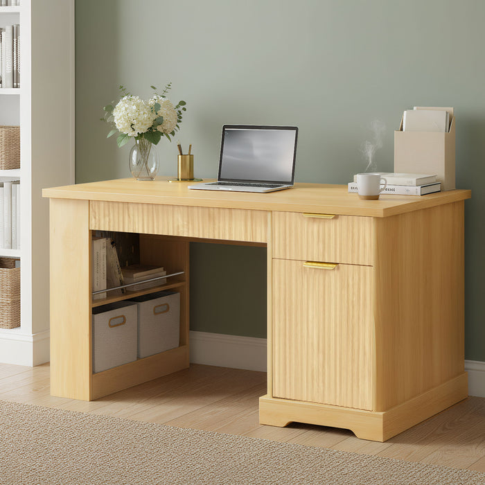 Modern Fluted Office Desk With Storage Cabinet