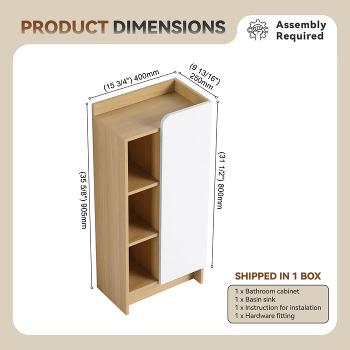 Freestanding Bathroom Side Cabinet, Narrow Storage Cabinet With Single Door & 3 Tier Open Shelves - Black / Light Oak / White