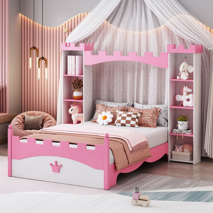 Castle Shaped Bed With Storage Shelf, Dreamy Platform Bed For Kids Bedroom