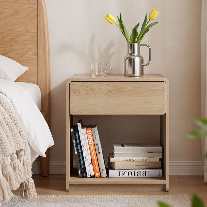 Bedside Table Set With Storage Drawers And Open Shelves, Compact With Rounded Corners (Set of 2) - Oak