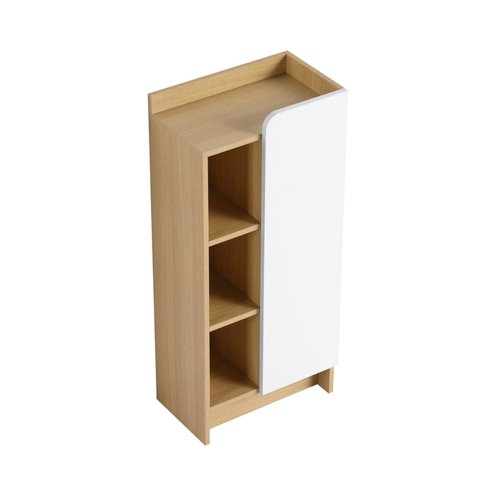 Freestanding Bathroom Side Cabinet, Narrow Storage Cabinet With Single Door & 3 Tier Open Shelves - Black / Light Oak / White