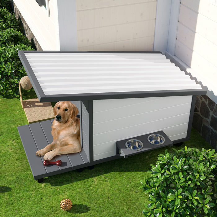 Modern Design Outdoor Dog House With Food Bowl And Wheels Pine - Gray / White