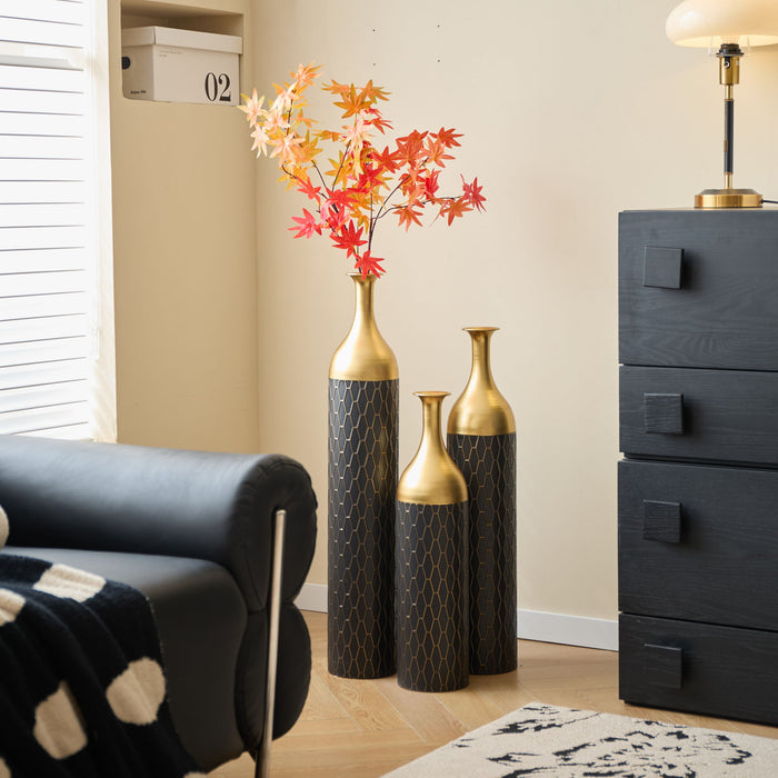 Elegant Floor Vase Set Metal Decorative Vases 3 Piece Set For Floral Display, Wedding & Gift Decor - Gold / Black