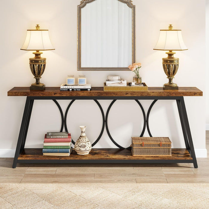 Extra Long Console Table With 2 Tier Storage Shelves For Living Entryway - Brown / Black