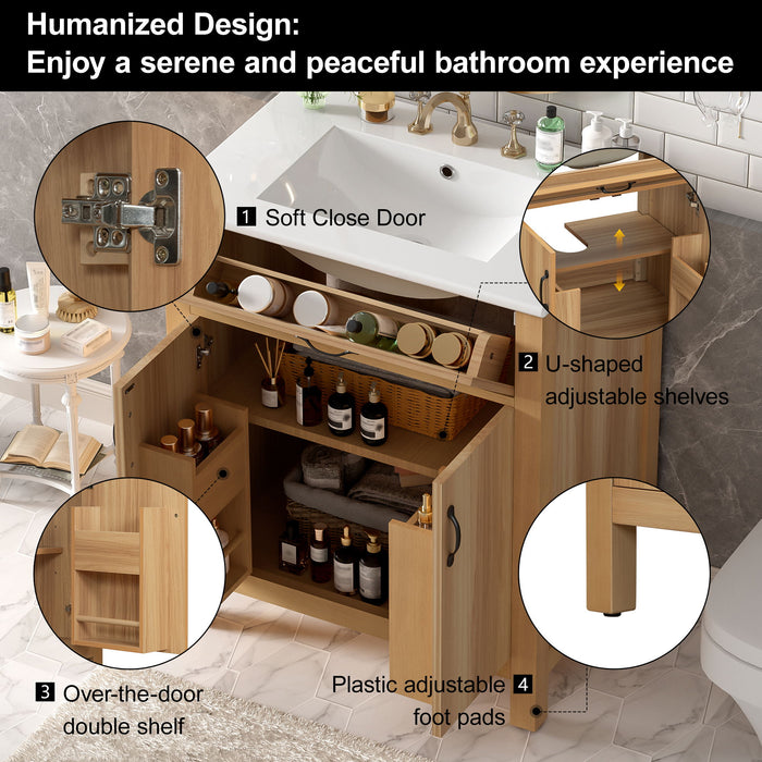 Bathroom Vanity With Flip Drawer, 2 Soft Close Doors, Adjustable Shelf And Ceramic Sink