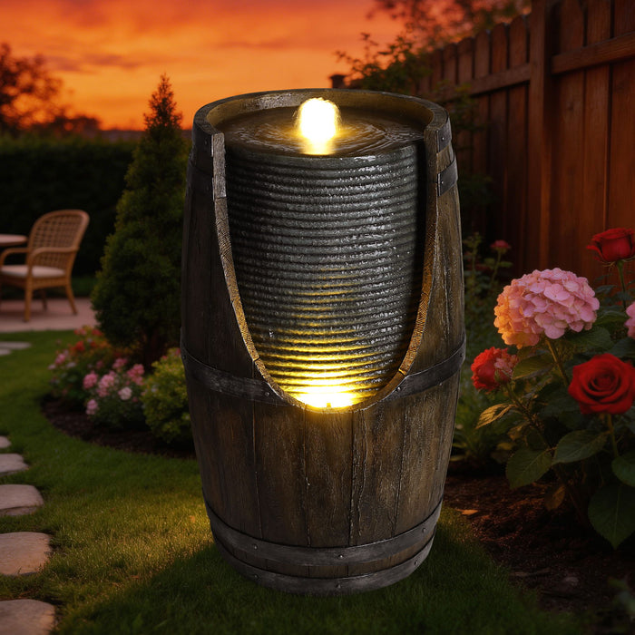 Rustic Barrel Water Fountain With LED Light