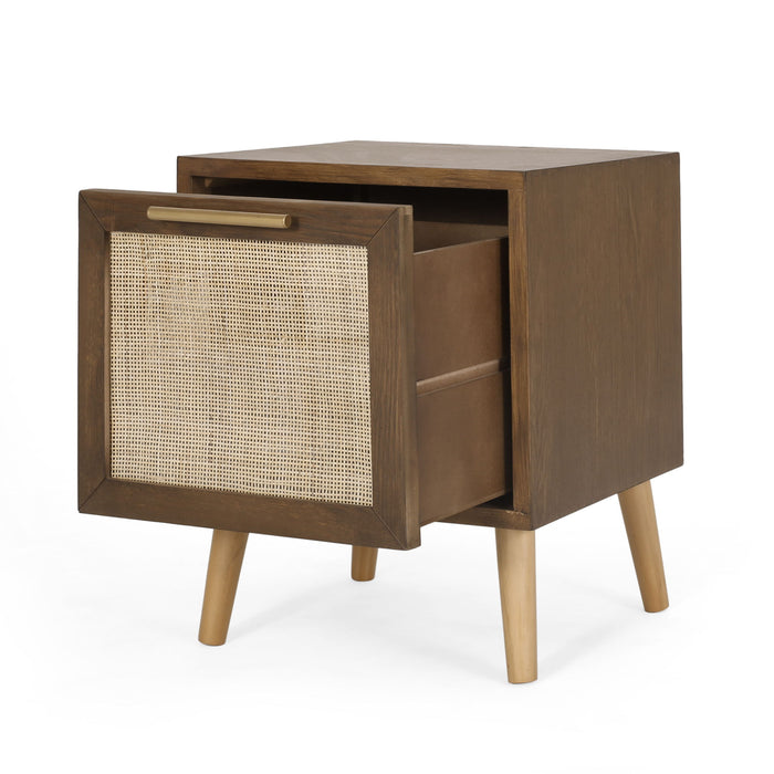 Contemporary End Table With Rattan - Walnut