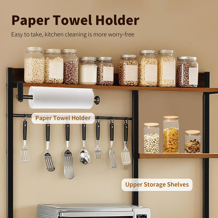 Bakers Rack With Power Outlet, Coffee Bar With S-Shaped Hooks, Kitchen Shelf With Wire Basket - Black / Brown