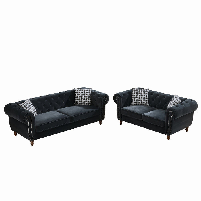 Chesterfield 3 And 2 Seater Velvet Upholstery Sofa With Roll Armrest & Nailhead Fabric Couch