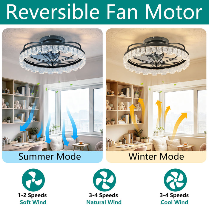 Ceiling Fan With Light, Flower Caged Ceiling Fan With Remote, LED Low Profile Ceiling Light - Matte Black