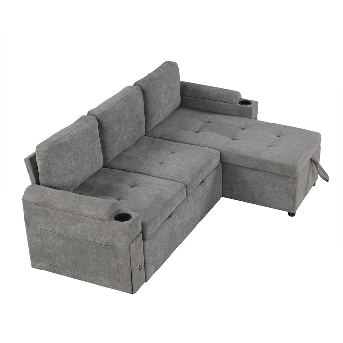 Convertible L Shaped Sofa Couch With Storage, Cup Holders, USB Ports