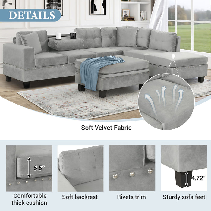 Modern Sectional Sofa With Storage Ottoman, L - Shape Couch With 2 Pillows And Cup Holders