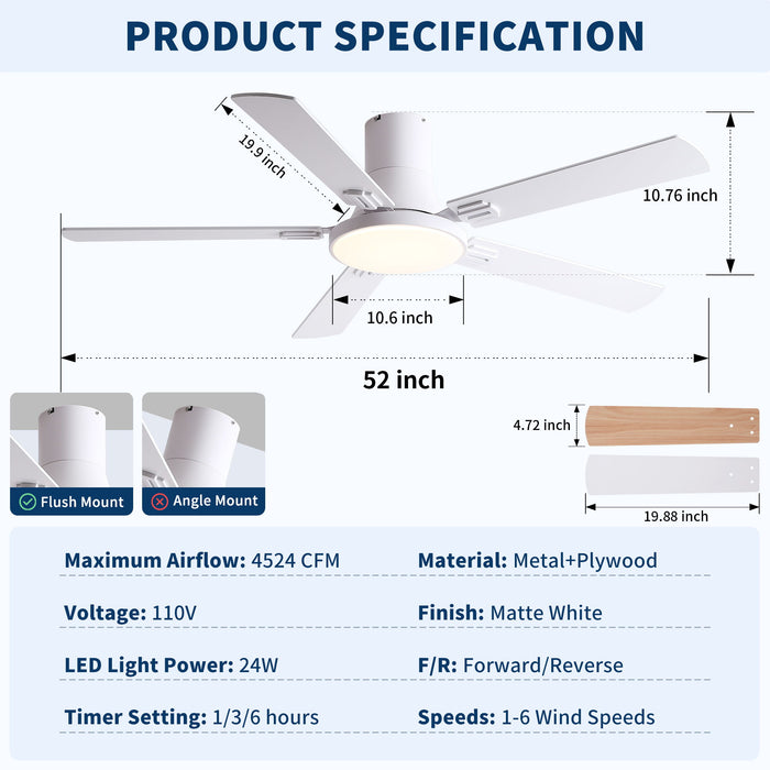 Flush Mount Ceiling Fans With LED Light And Remote Control, 5 Blades